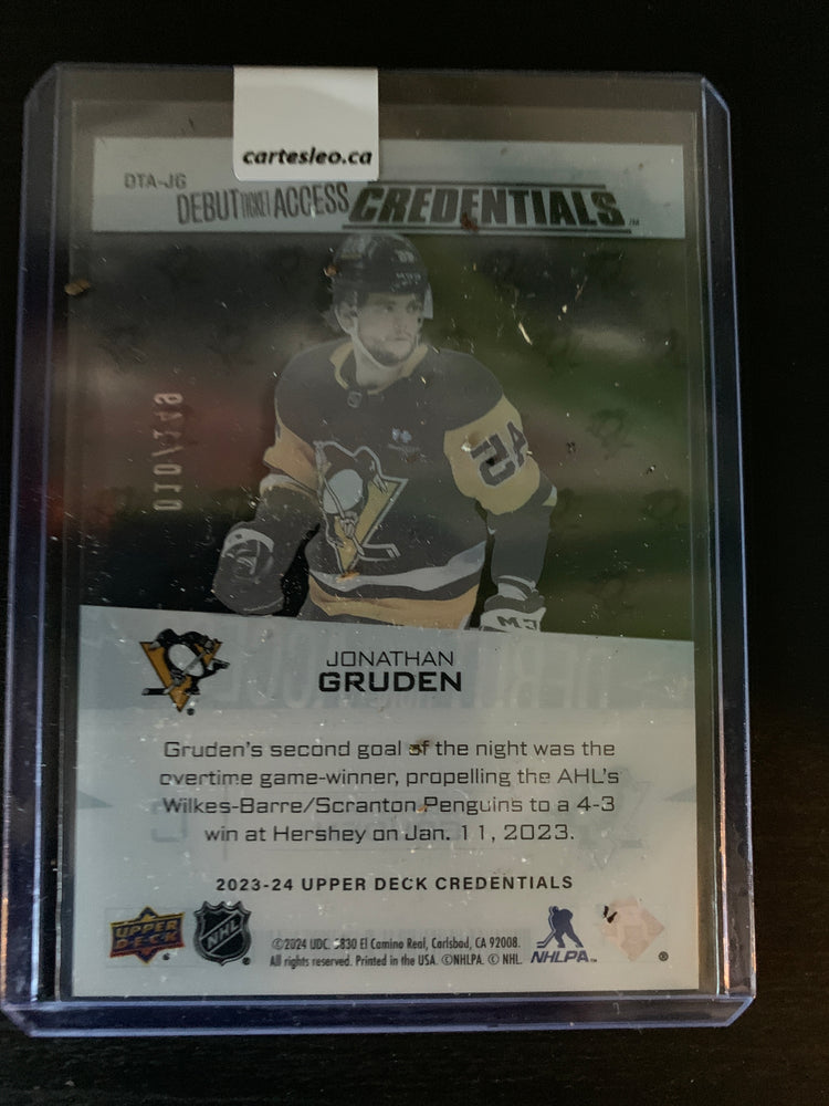 2023-24 UD Credentials Jonathan Gruden RC 2023-24 010/149 #DTA-JG Debut Ticket ACETATE