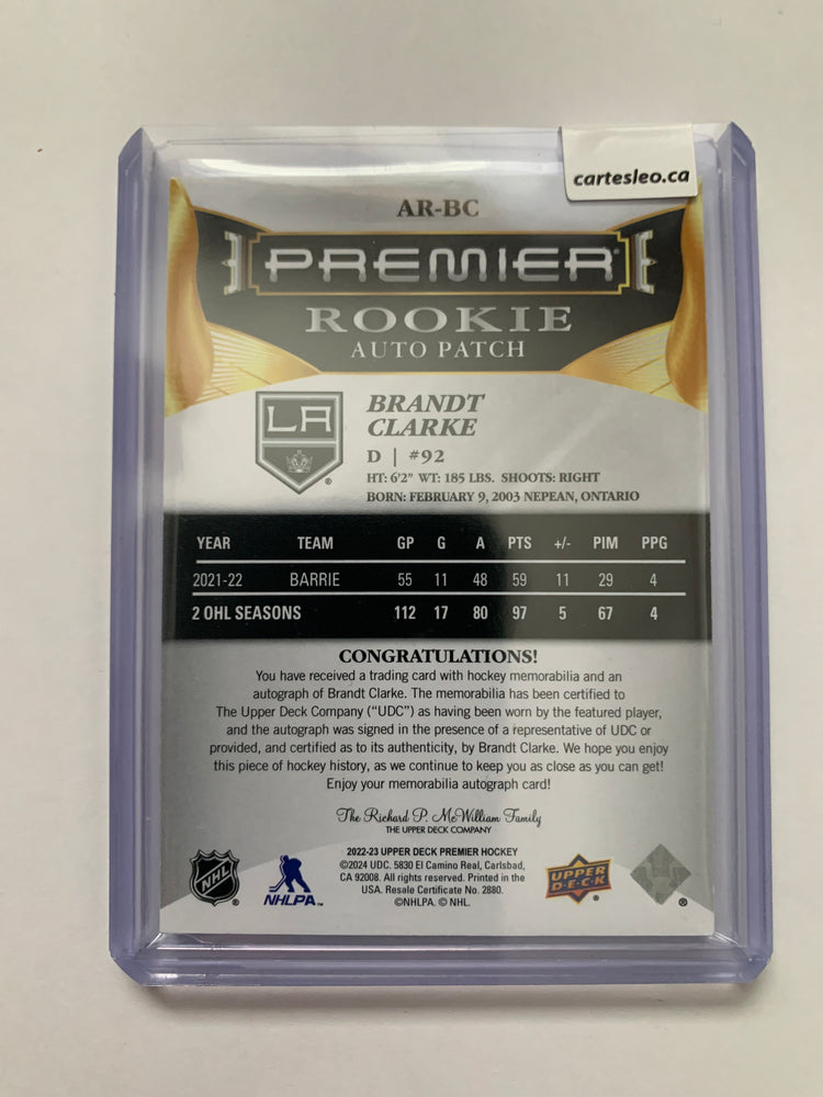 2022-23 UD Premier Rookie Auto Patch Brandt Clarke 120/249 AR-BC