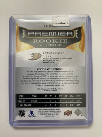 2022 UPPER DECK PREMIER #AHR-LD LUKAS DOSTAL PREMIER ROOKIE PATCH AUTO 19/25