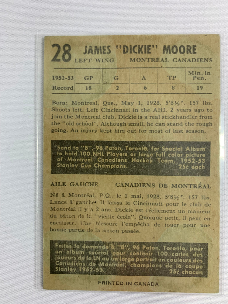 1953-54 PARKHURST HOCKEY #28 DICKIE MOORE AVEC PHOTO DE JEAN BELIVEAU