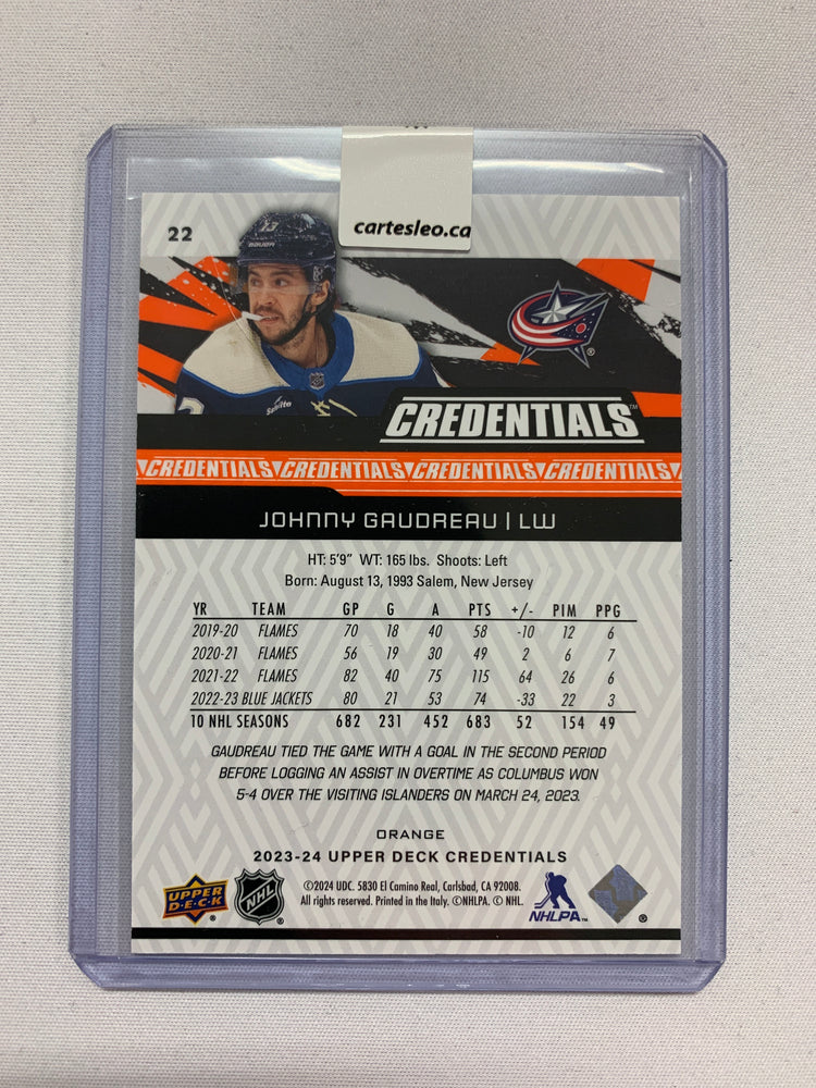 2023-24 UD CREDENTIALS JOHNNY GAUDREAU ORANGE 174/249 #22