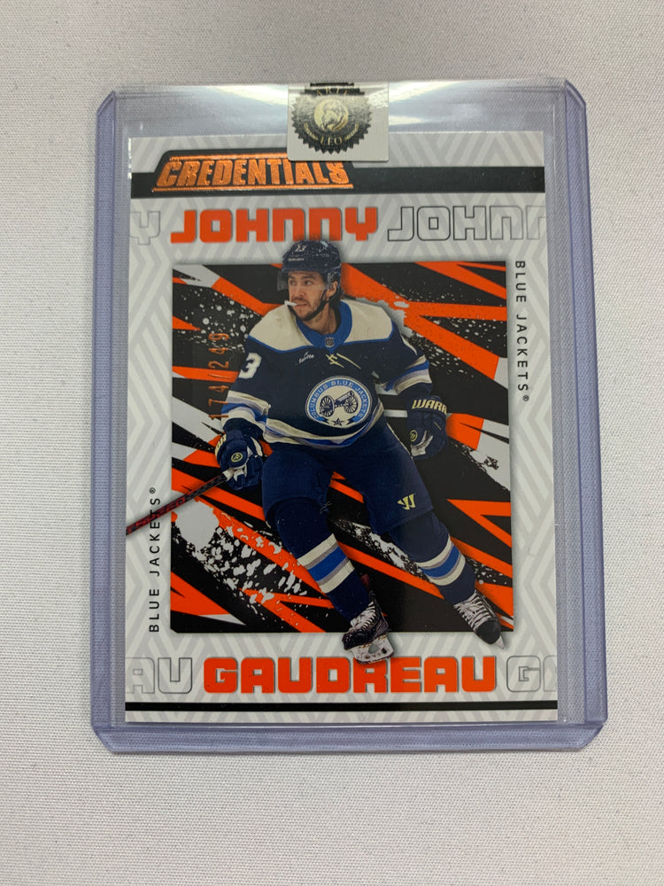 2023-24 UD CREDENTIALS JOHNNY GAUDREAU ORANGE 174/249 #22