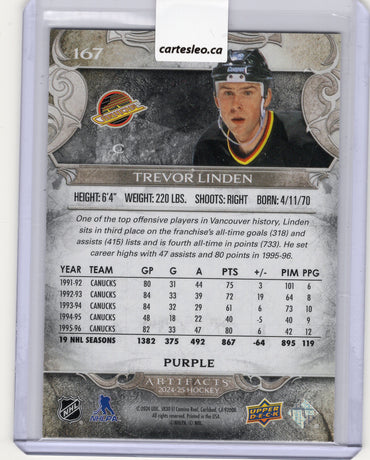 2024-25 UD ARTIFACTS TREVOR LINDEN 21/25 PURPLE #167